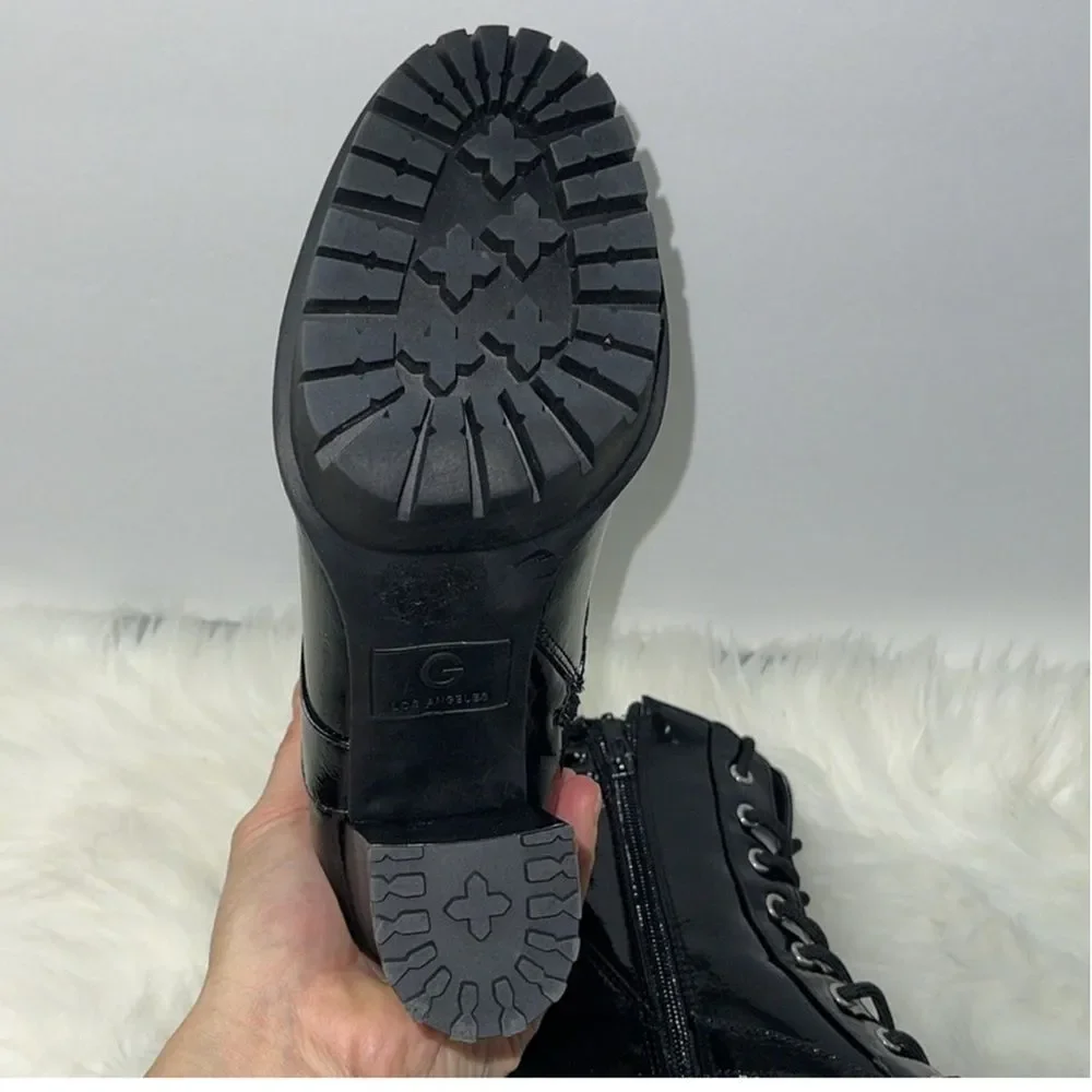 Guess women’s Lace Up Combat Patent Platforms Boots Quilted Chunky Block Heeled